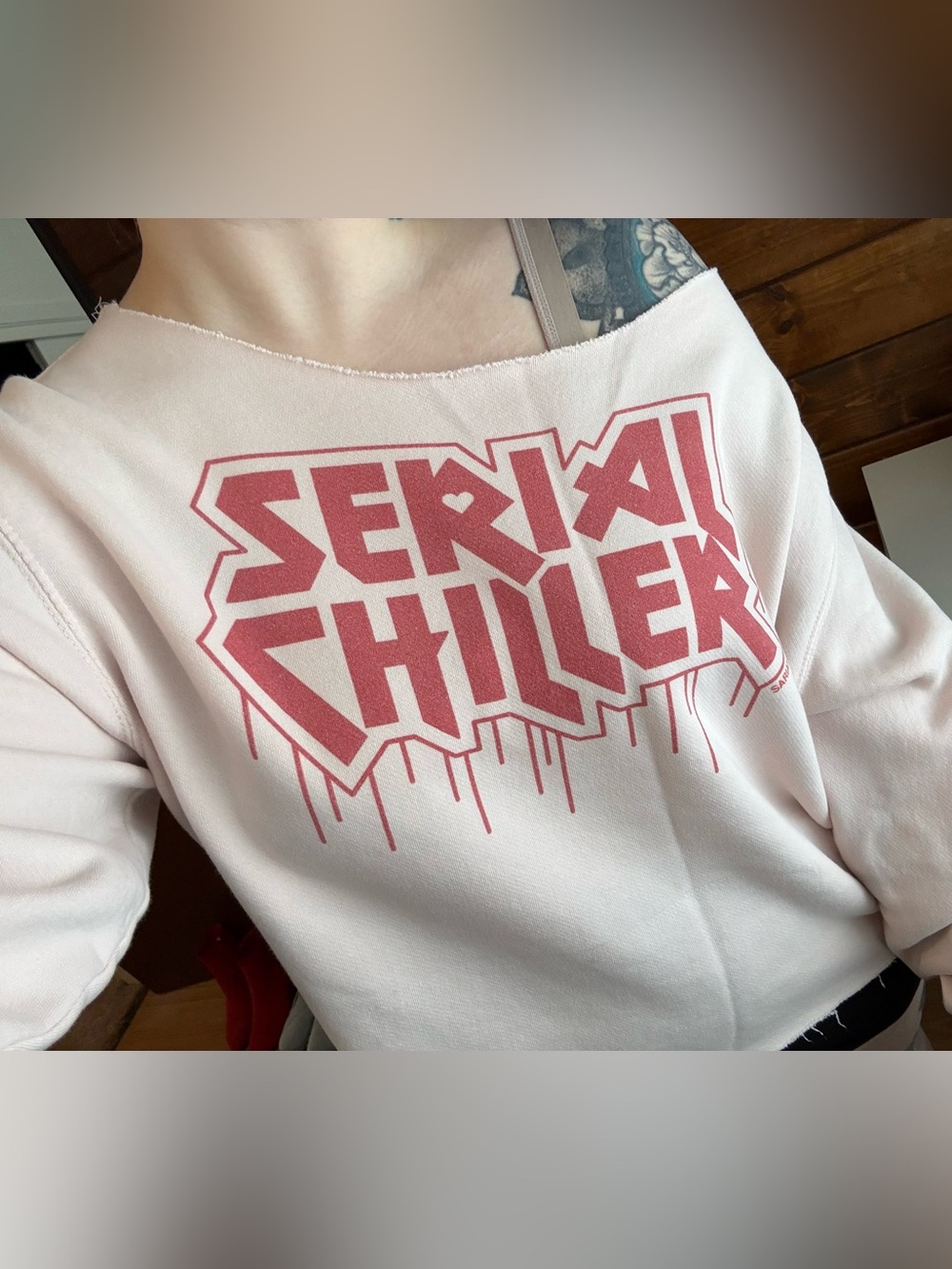 Baby Pink Bailey Sarian Custom Off Shoulder “Serial Chiller” Sweatshirt